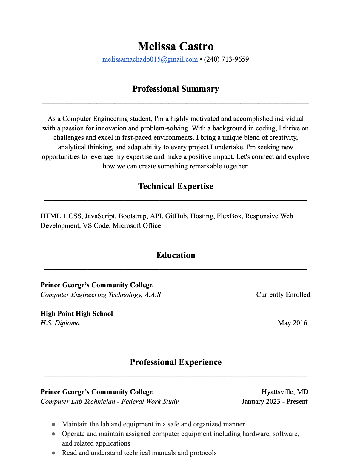 Melissa's Resume Page 1